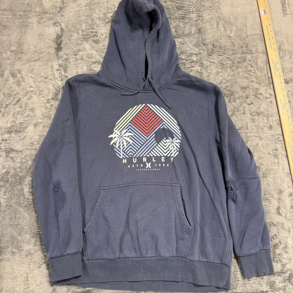 Hurley Hoodie Mens XL Blue Graphic Palm Tree Distressed 1515942